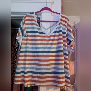 Striped V-Neck Top with Lace Back Insert